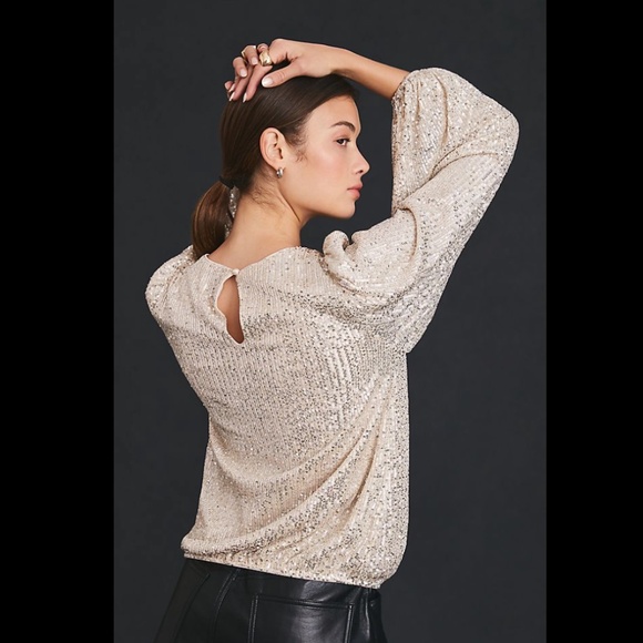 Anthropologie Flat White Sequin Crew Neck Top - Picture 3 of 4